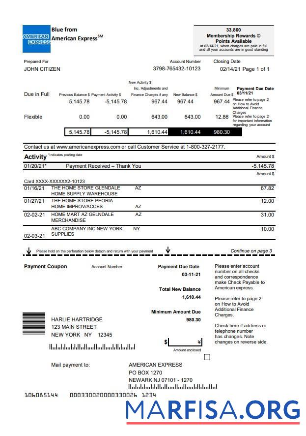 Blank USA New York American Express Blue bank statement excel real example